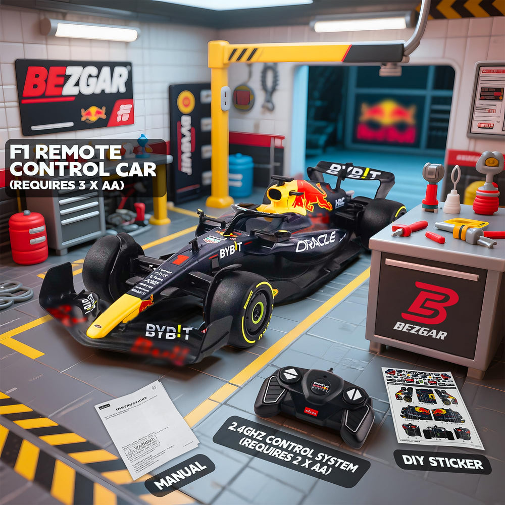 BEZGAR F1 RC car decals highlighting branding and authenticity