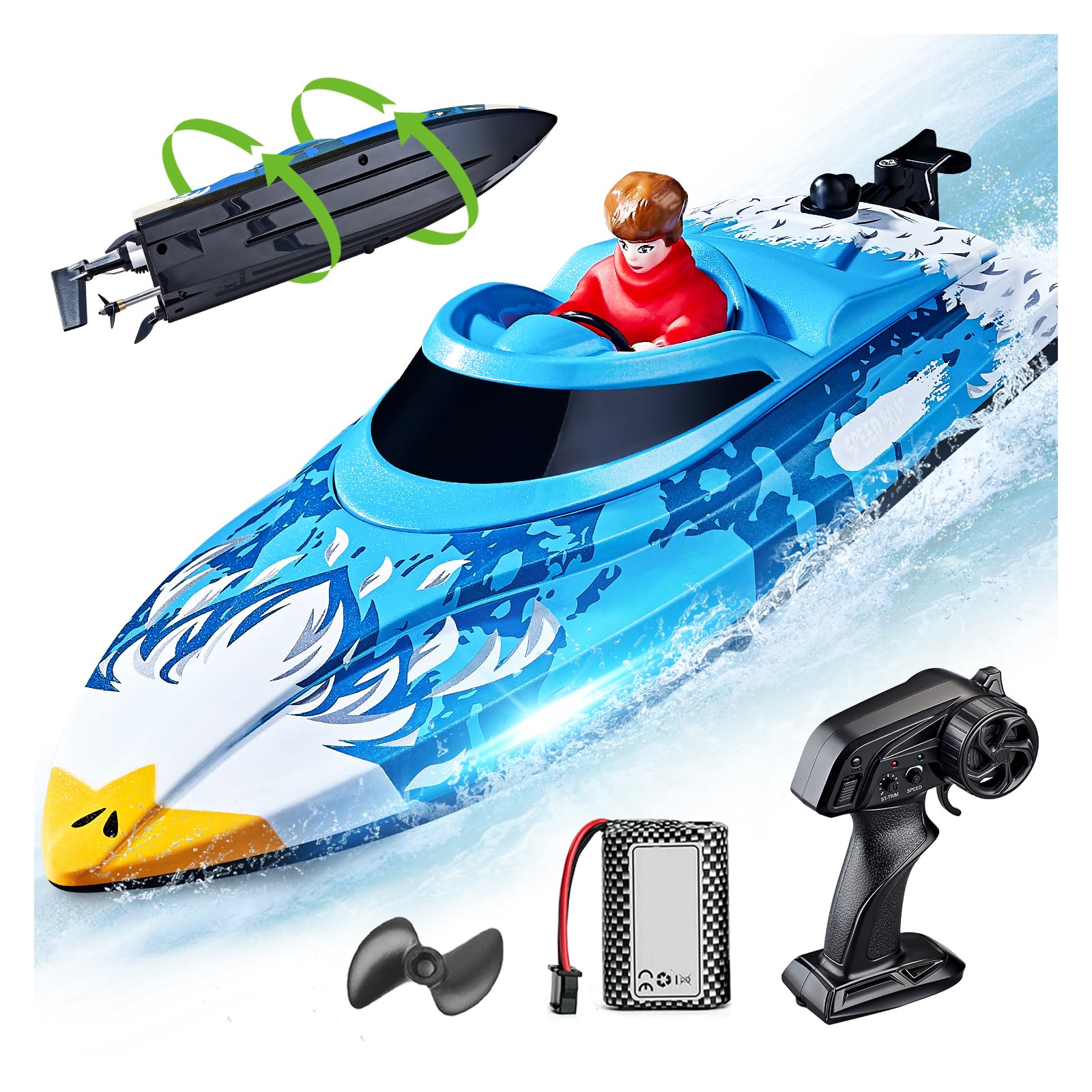BEZGAR HJ822 blue RC boat side view highlights compact 12-inch design for lake and pool play