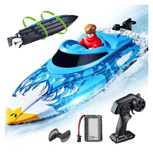 BEZGAR HJ822 blue RC boat side view highlights compact 12-inch design for lake and pool play
