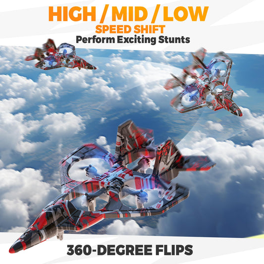 BEZGAR HQ057X RC fighter airplane side view highlights sleek fighter design for stable beginner flights.