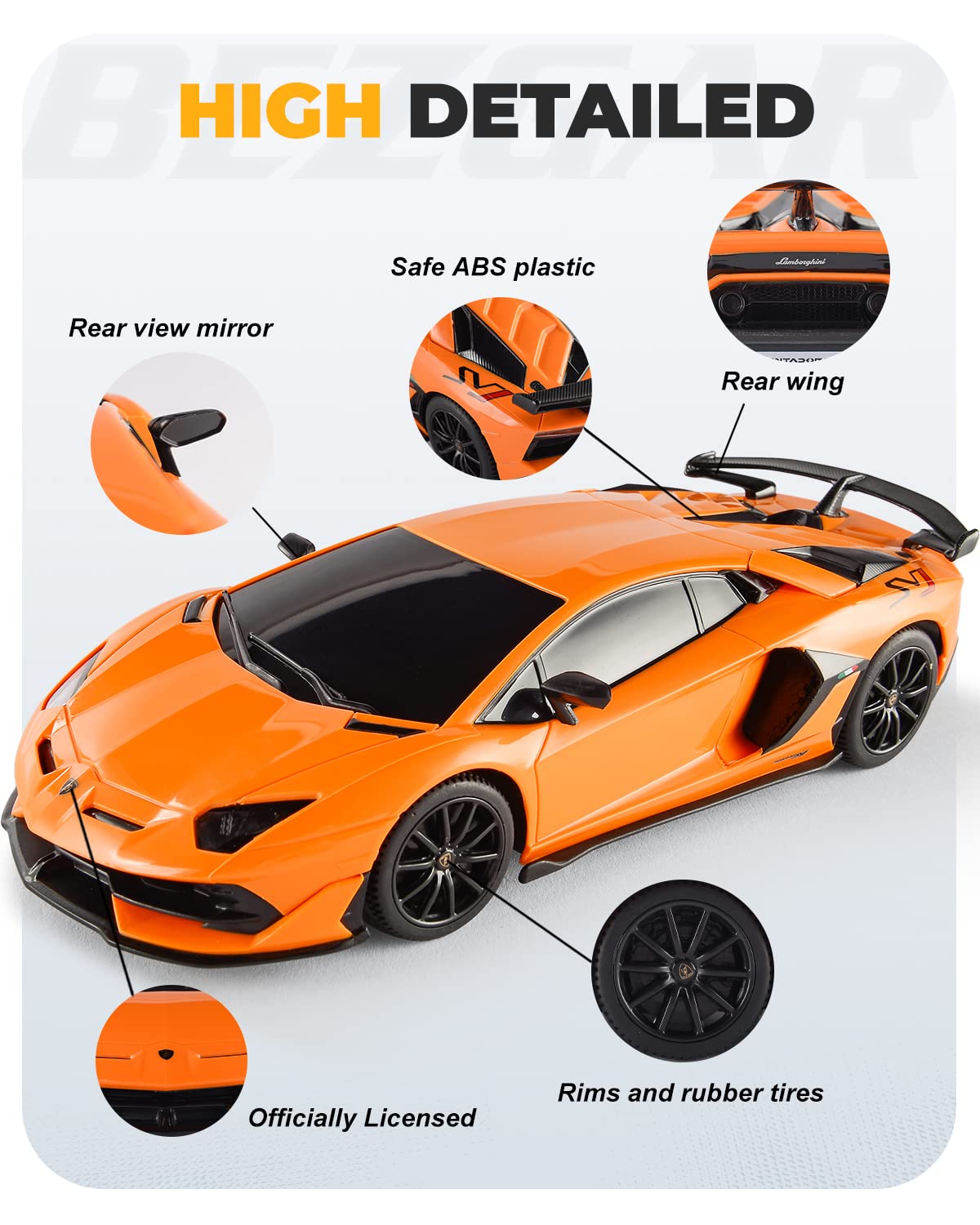 BEZGAR Lambo Aventador SVJ RC car, rear view, stable and engaging for races.