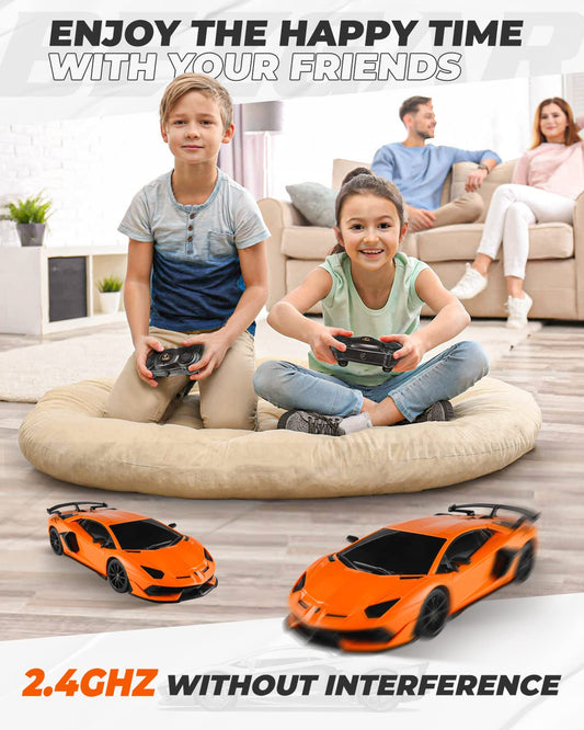 BEZGAR Lambo Aventador SVJ RC car, side view, durable ABS build for crashes.