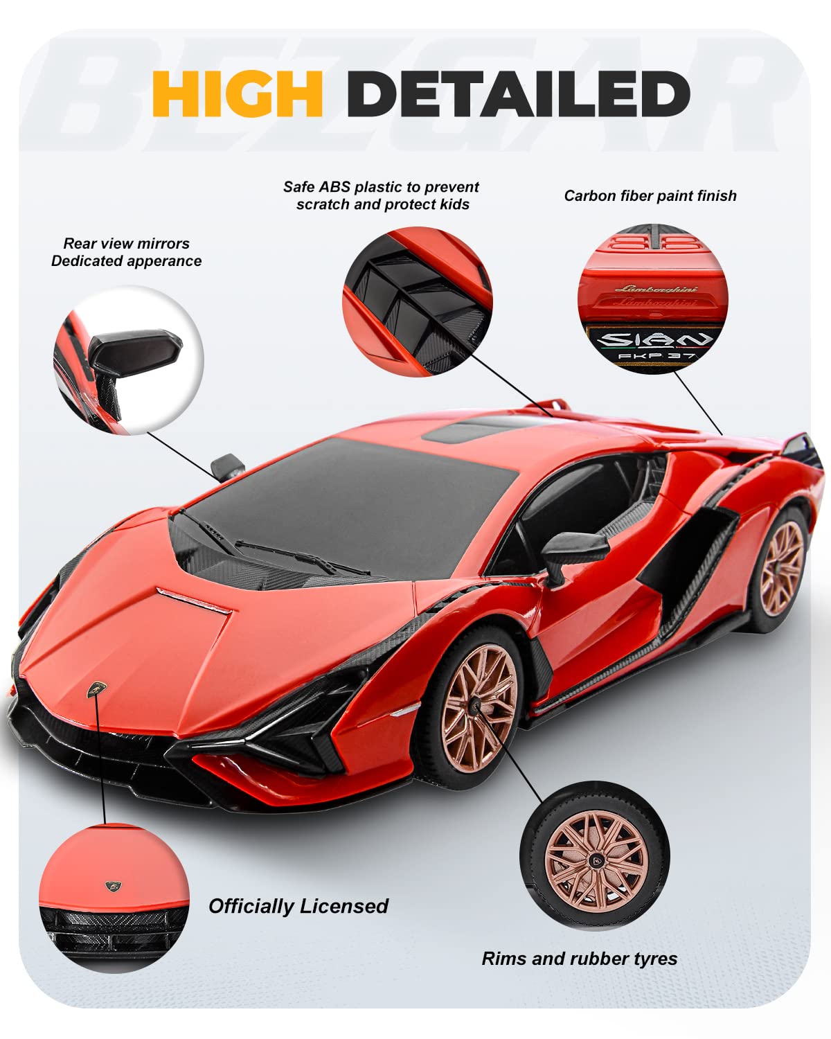 BEZGAR Lambo Sián FKP 37 RC car cockpit detail, shows authentic interior styling