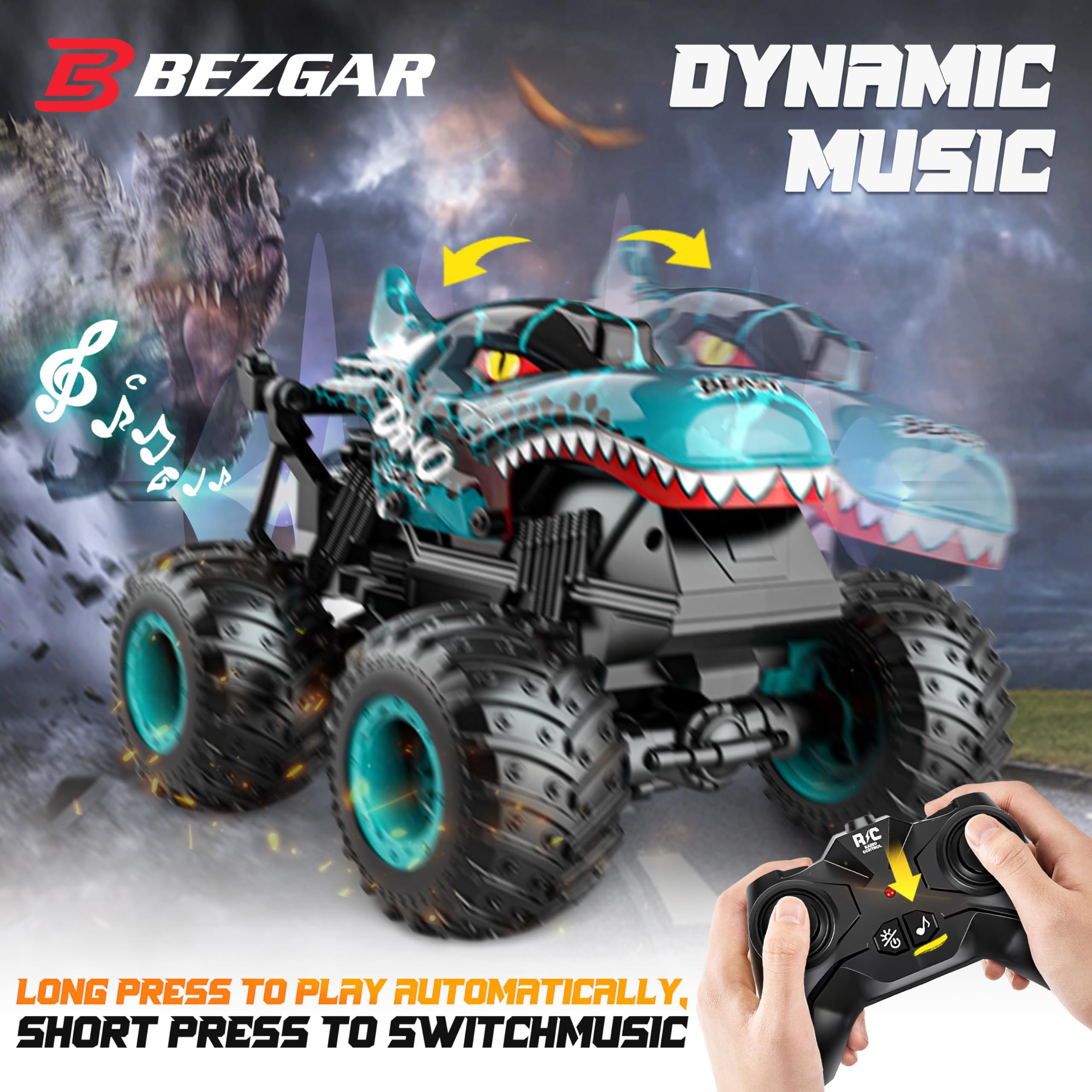 BEZGAR Monster Truck blue LED light mode adds visibility for night racing.