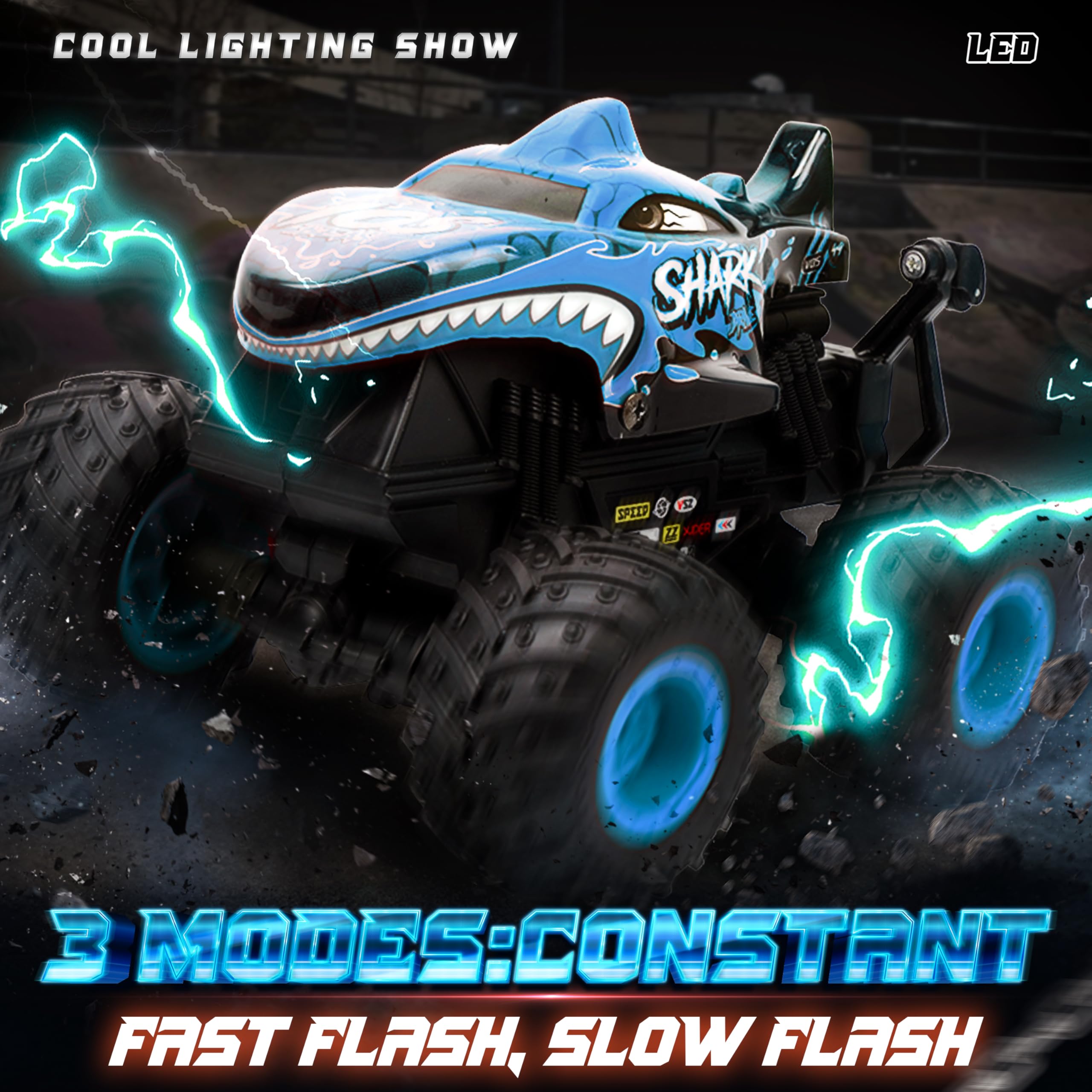 BEZGAR Monster Truck blue, remote control in hand for easy kid-friendly play.