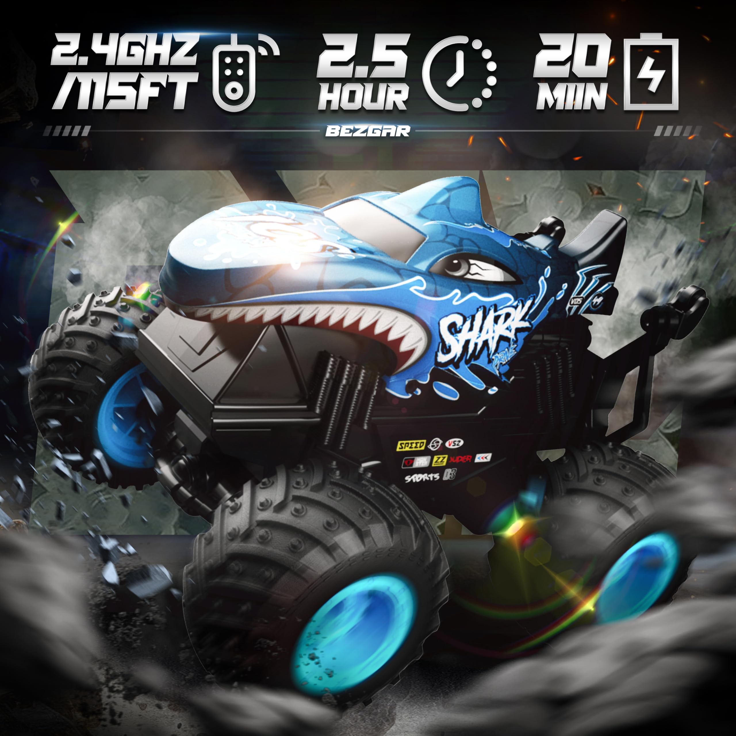 BEZGAR Monster Truck blue, side view for stunt-ready drifting and backyard action.