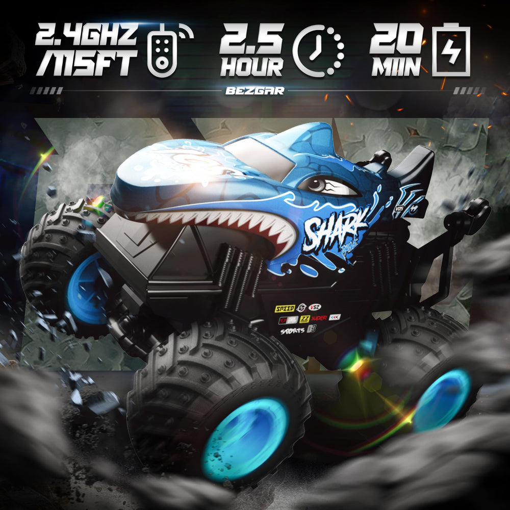 BEZGAR Monster Truck blue, side view for stunt-ready drifting and backyard action.