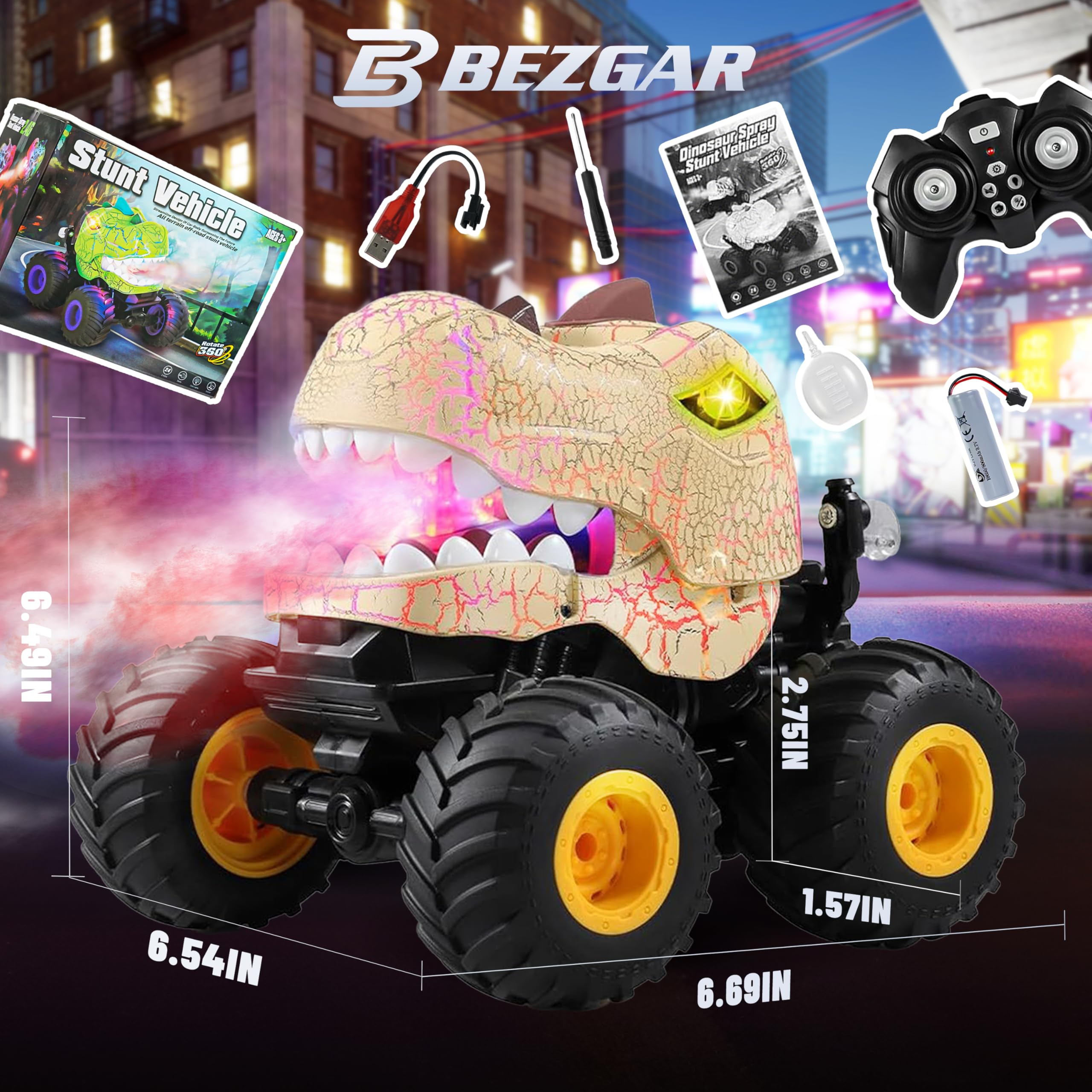 BEZGAR Monster Truck LED lights illuminate night racing for better visibility.