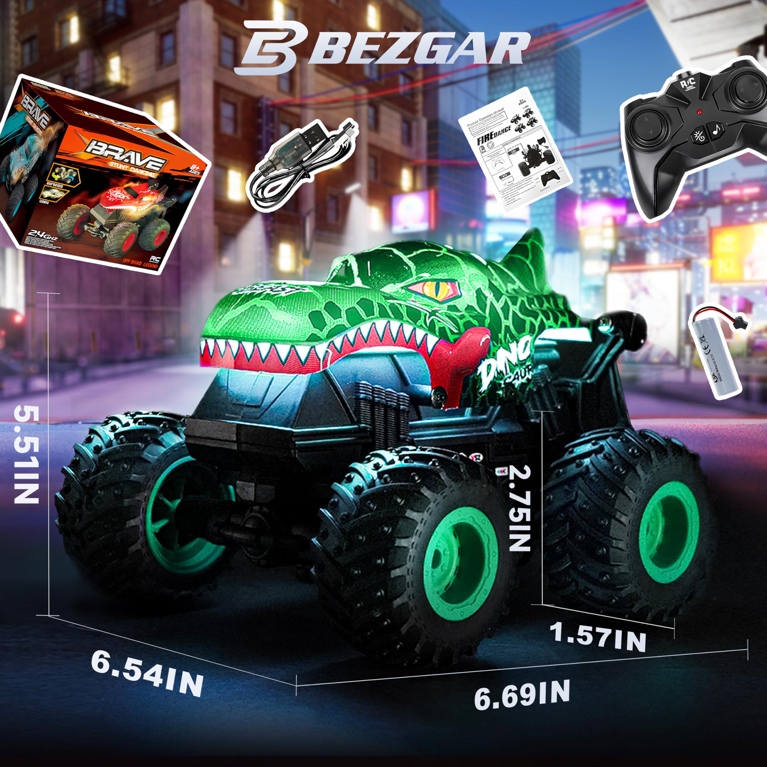 BEZGAR Monster Truck RC LED visuals light up night racing.