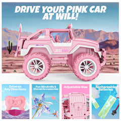 BEZGAR pink RC Jeep includes high-capacity batteries for longer play sessions.
