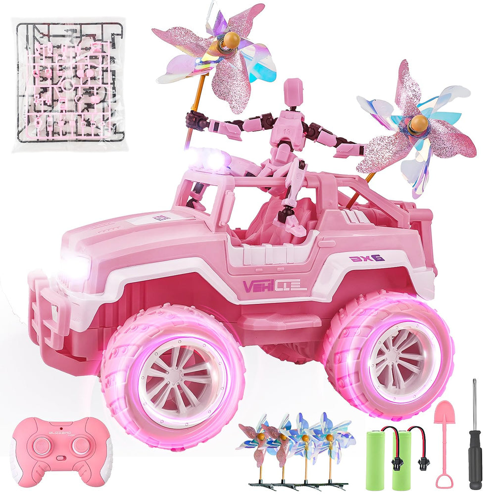 BEZGAR pink RC Jeep front view highlighting rugged chassis for outdoor fun.