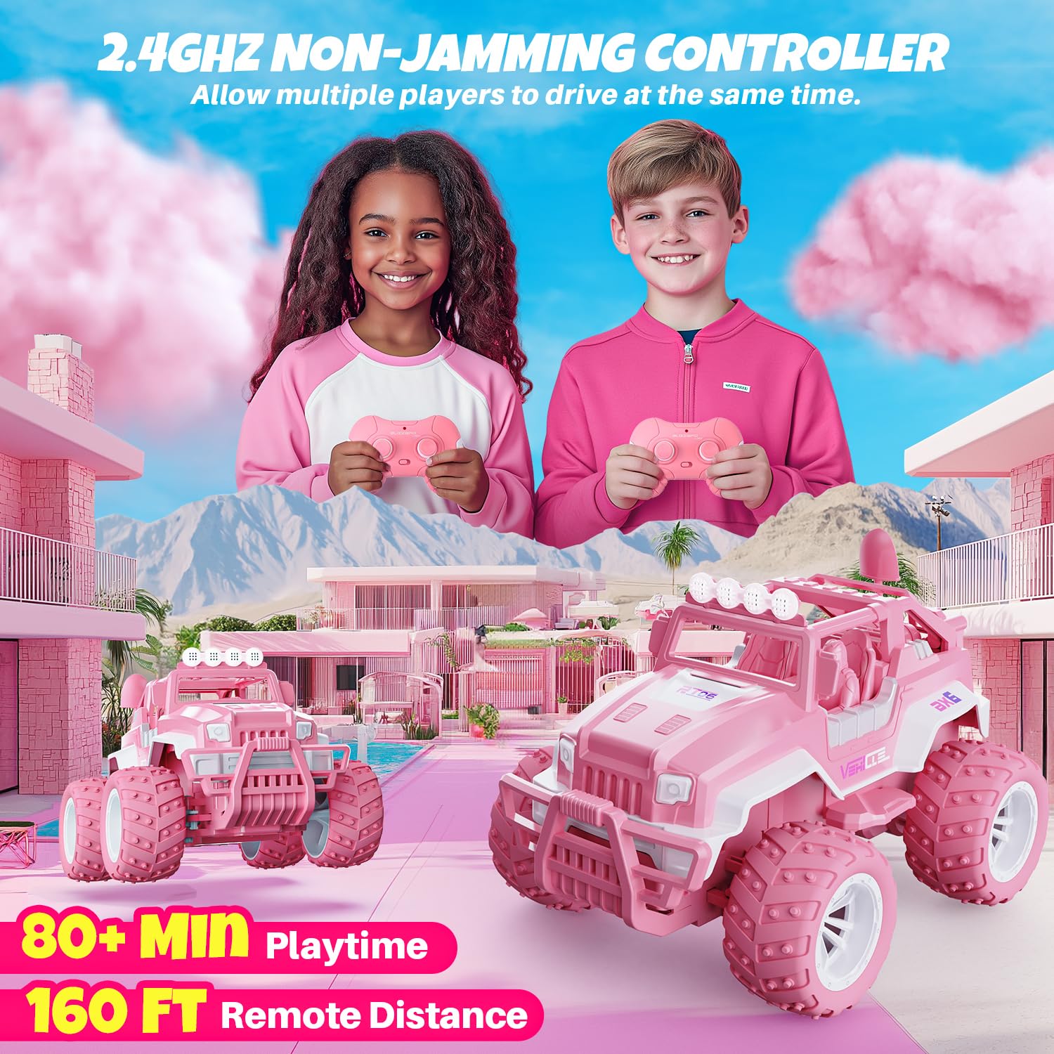 BEZGAR pink RC Jeep interior detail makes pretend play more realistic.