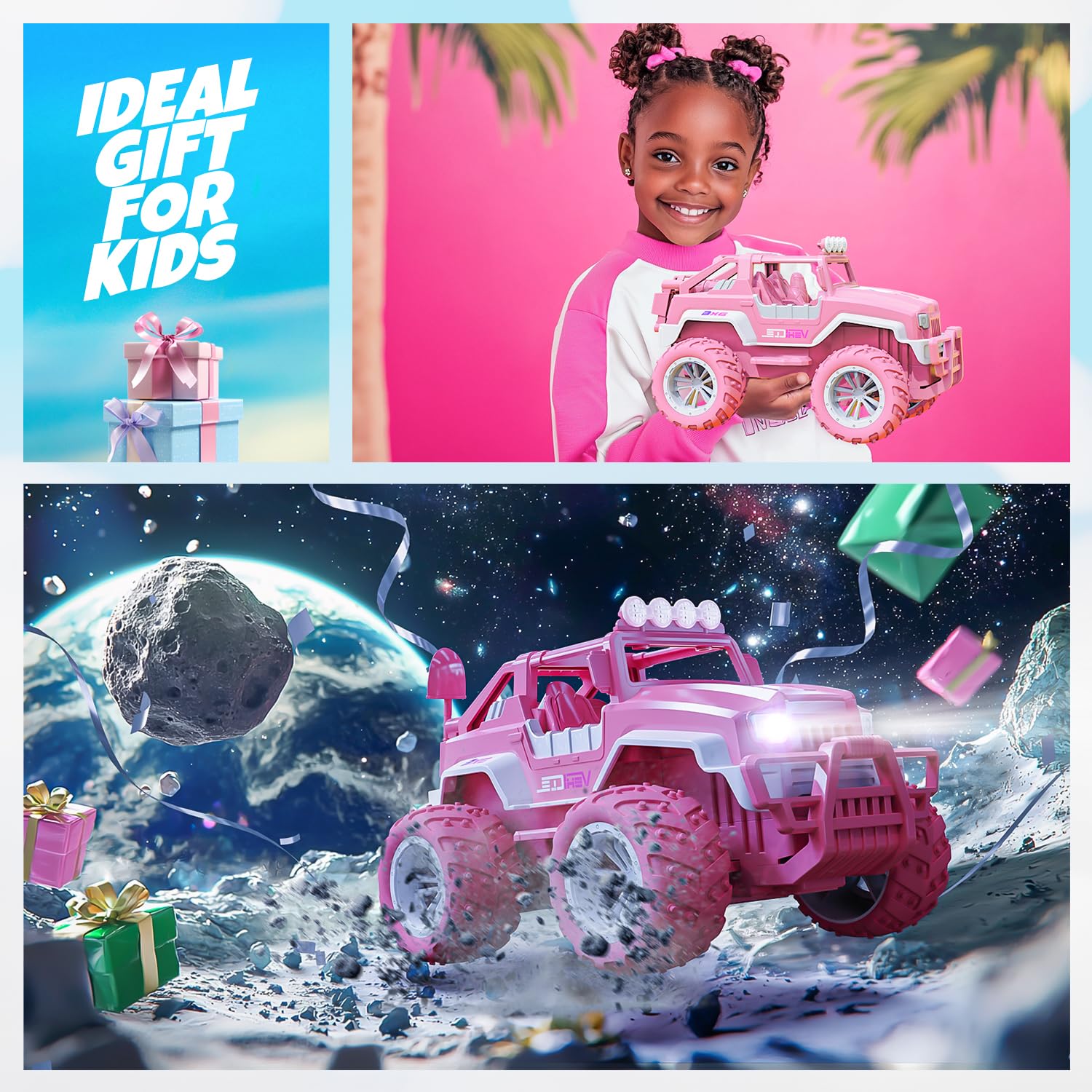 BEZGAR pink RC Jeep reinforced chassis withstands bumps during adventure play.