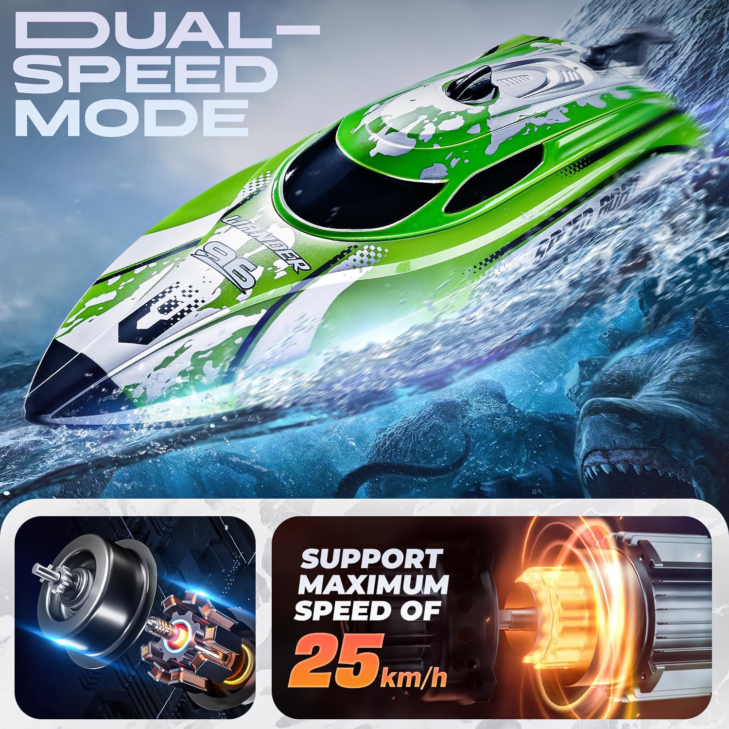 BEZGAR TX126 Green RC Boat in action at 25 KPH for thrilling speed