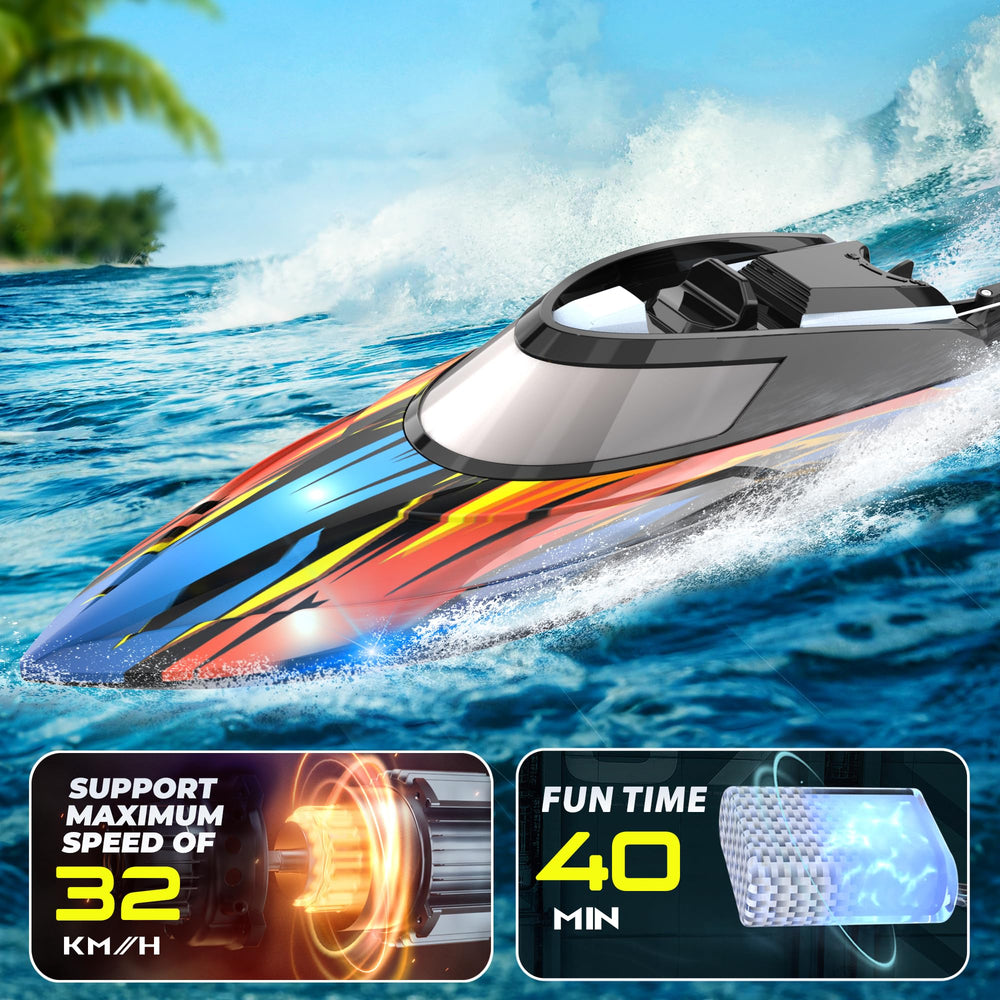 BEZGAR RC Boat front-angle showcases dual-battery power for longer play sessions.