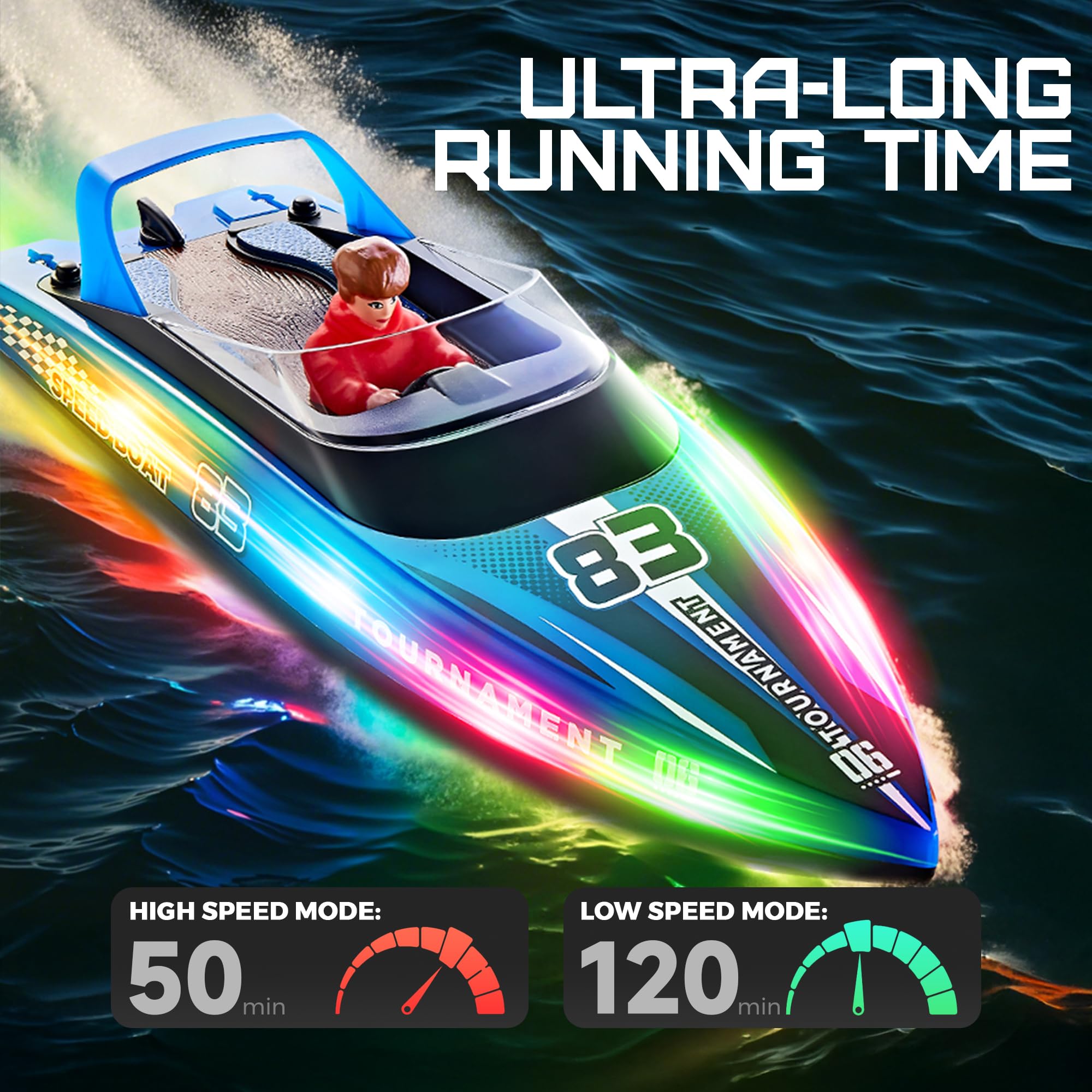 BEZGAR LED-lit RC boat for night navigation and bright direction cues.