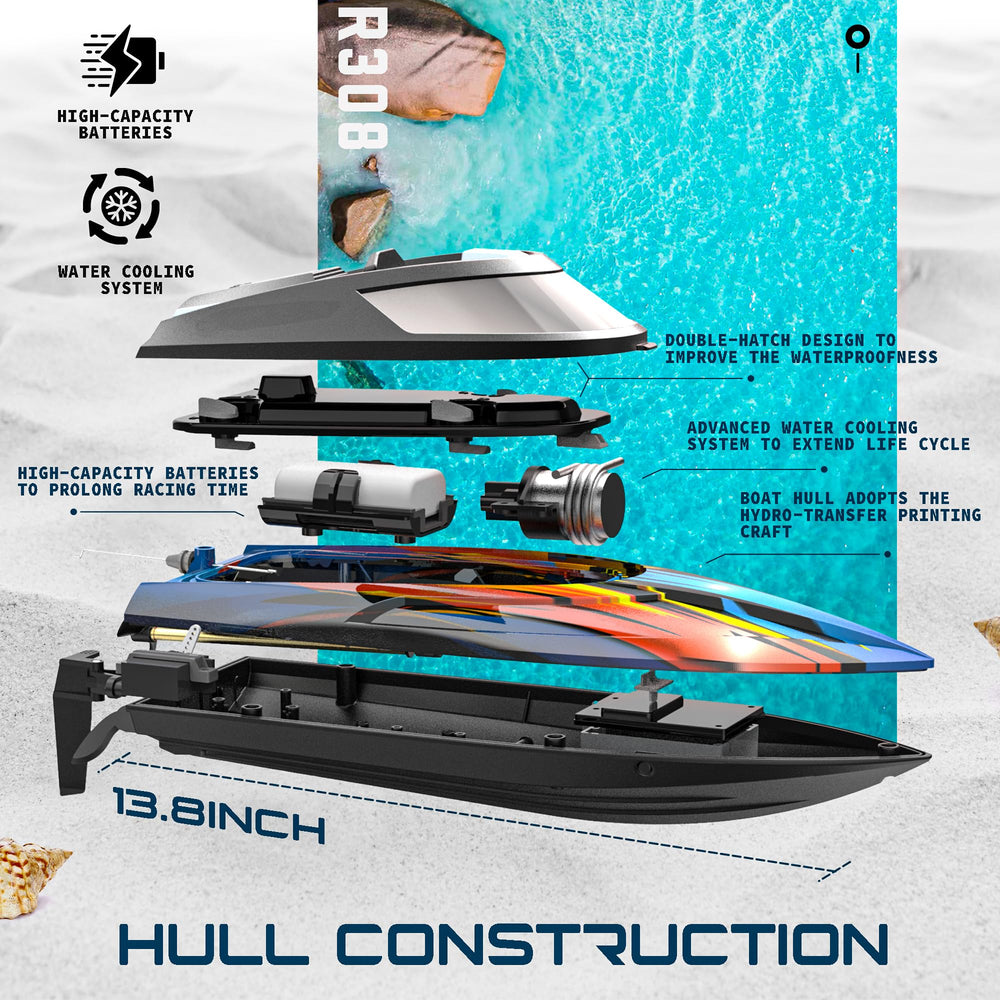 BEZGAR RC Boat top-view emphasizes LED lights for dramatic night racing.