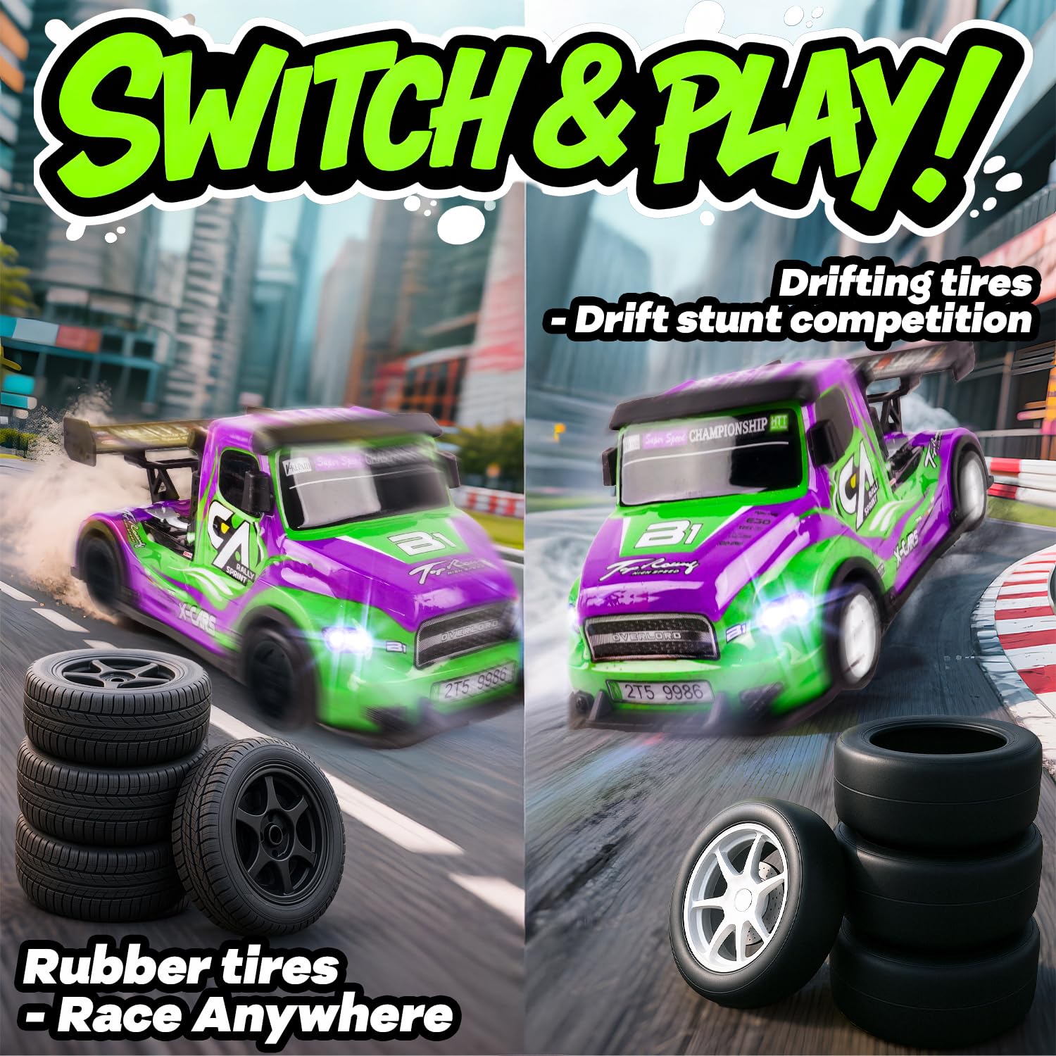 BEZGAR RC car green dual tire drift setup for fast racing and drifting.