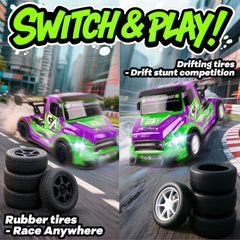 BEZGAR RC car green dual tire drift setup for fast racing and drifting.