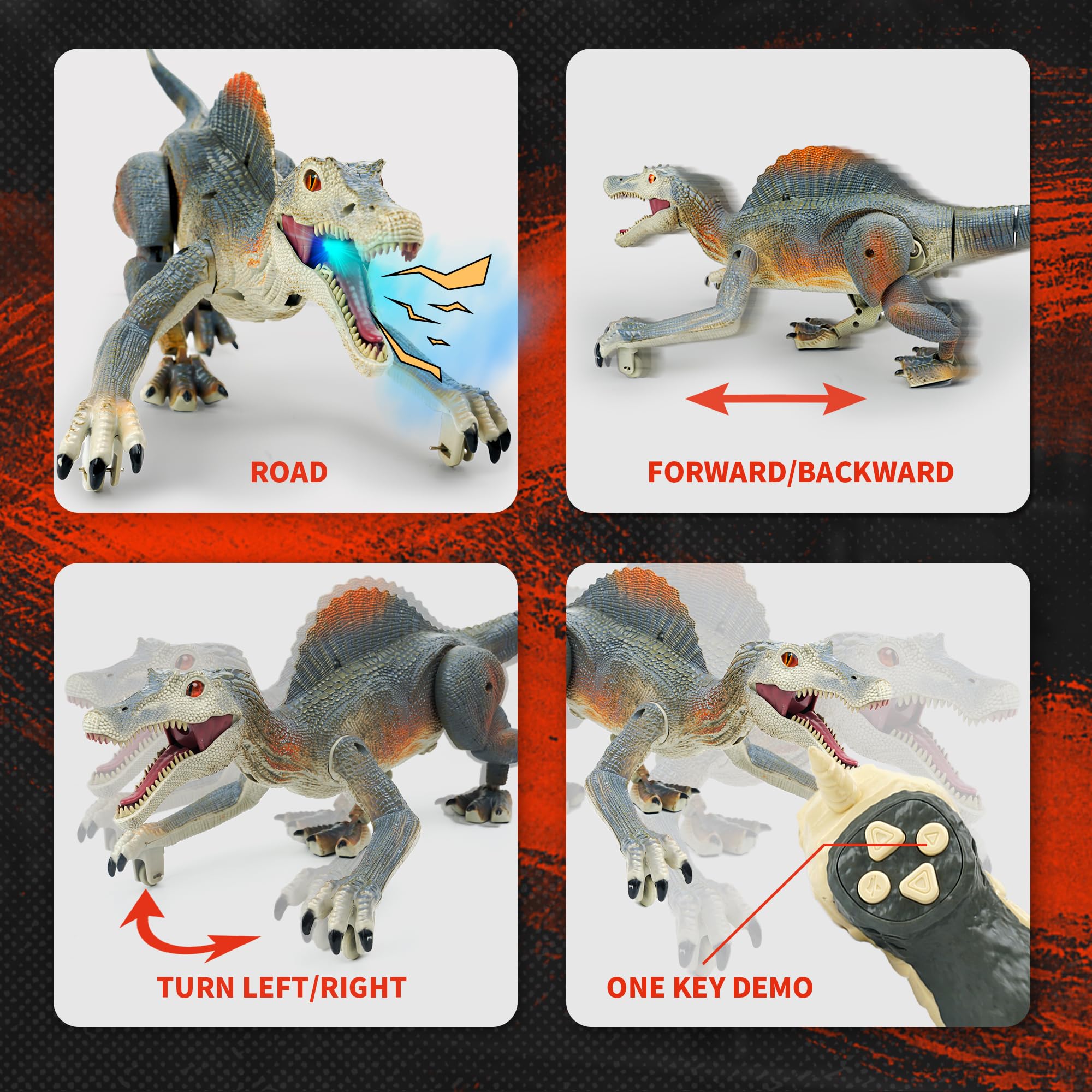 BEZGAR Spinosaurus RC light-tracking guides play with illuminated cues.