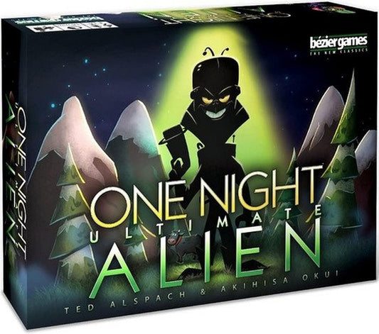 Bezier Games One Night Ultimate Alien box art shows a fast-paced party game for groups.
