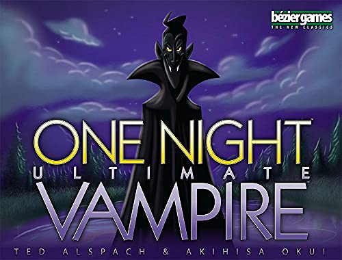 Bezier Games One Night Ultimate Vampire roles pile, diverse powers encourage interactive play.