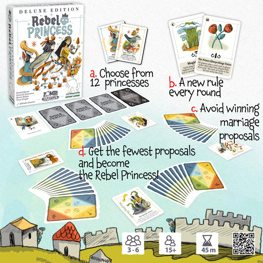 Bezier Games Rebel Princess powers sheet highlights unique princess abilities for strategic play.