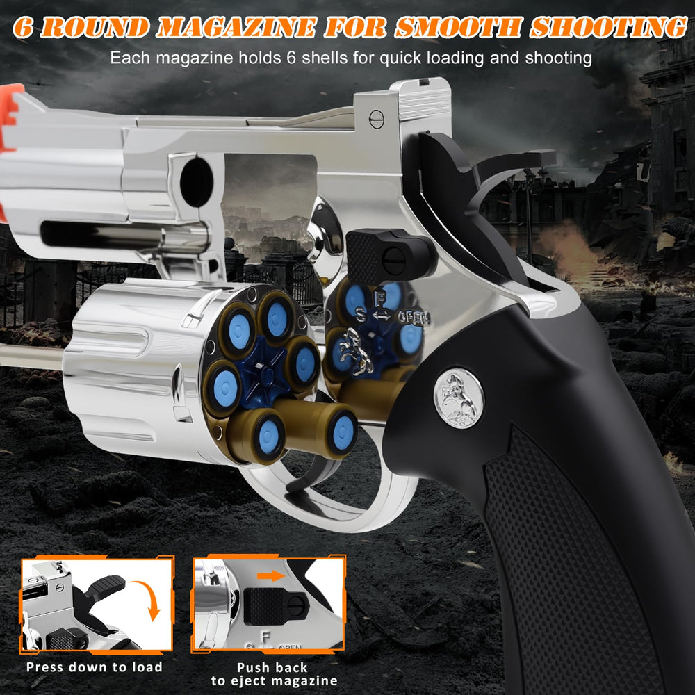 Six-shell magazine supports quick reloads during play