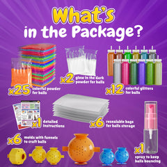 Glitter bottles from BFB kit ready to decorate glow-in-the-dark balls