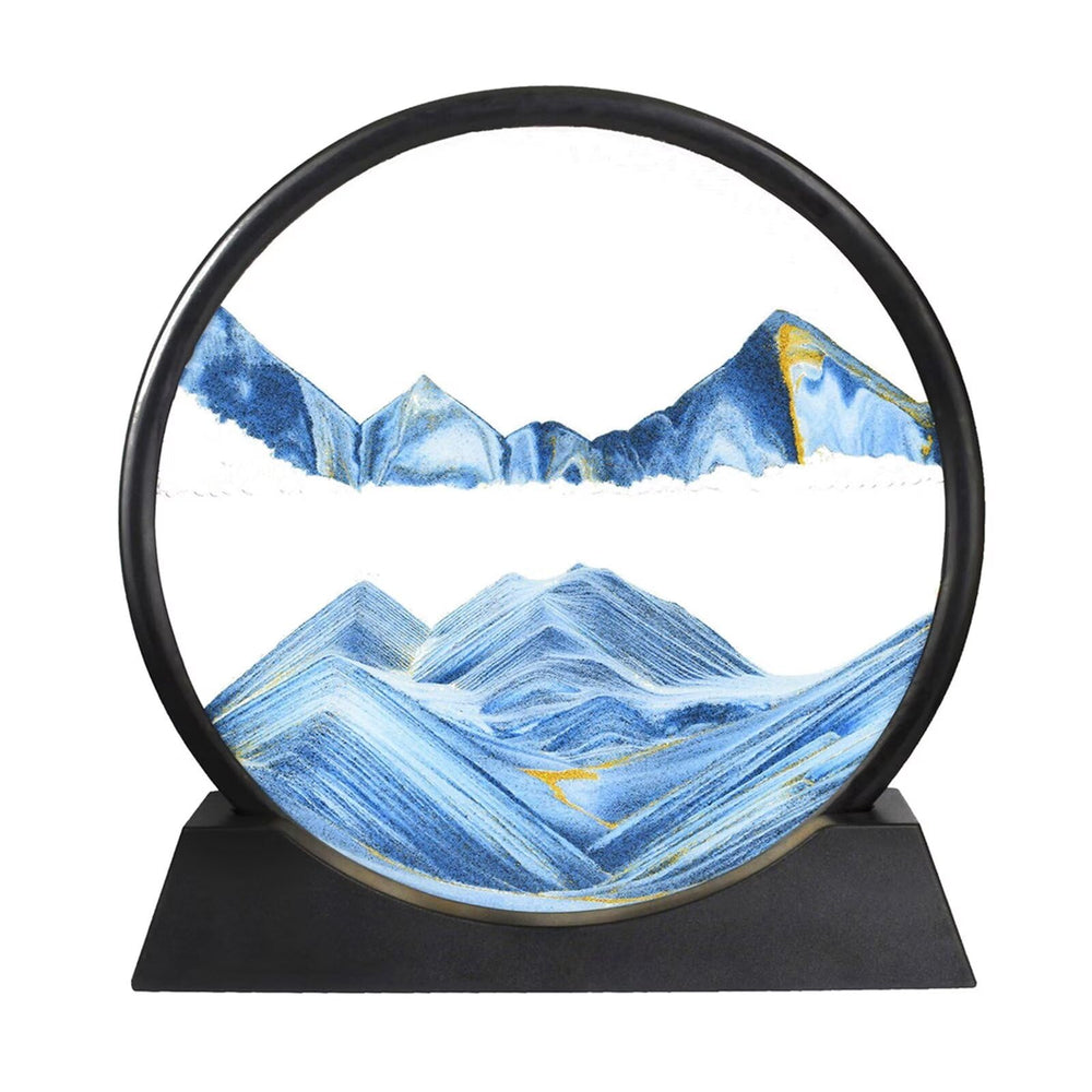 BGFJYUK blue round moving sand art in glass shows calming 3D landscapes.