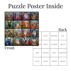 Colorful kitty collage puzzle reveals floral cat scene in glass-inspired art