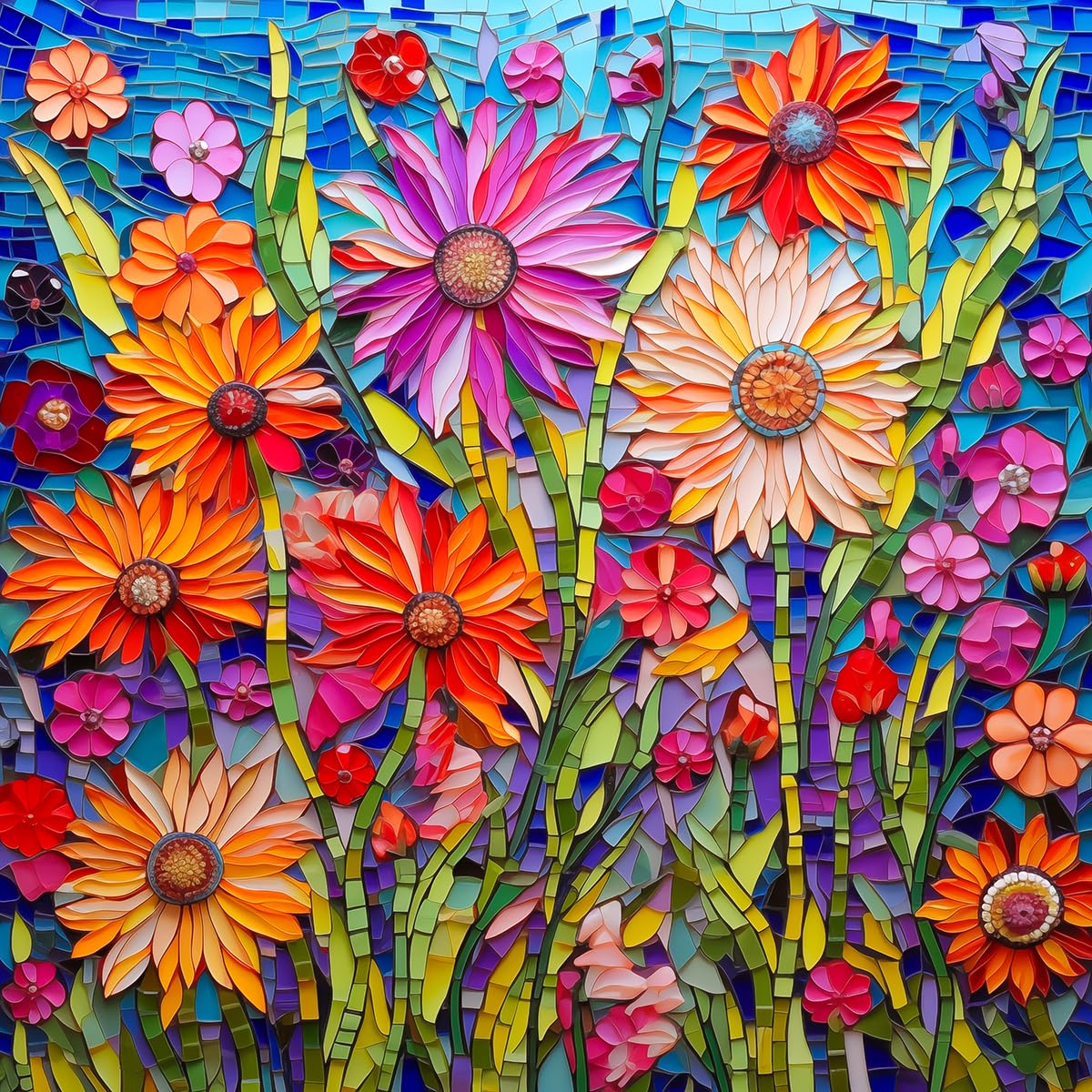 Bgraamiens Mosaic Art Flowers 1000-piece puzzle with vibrant stained glass florals for mindful play.
