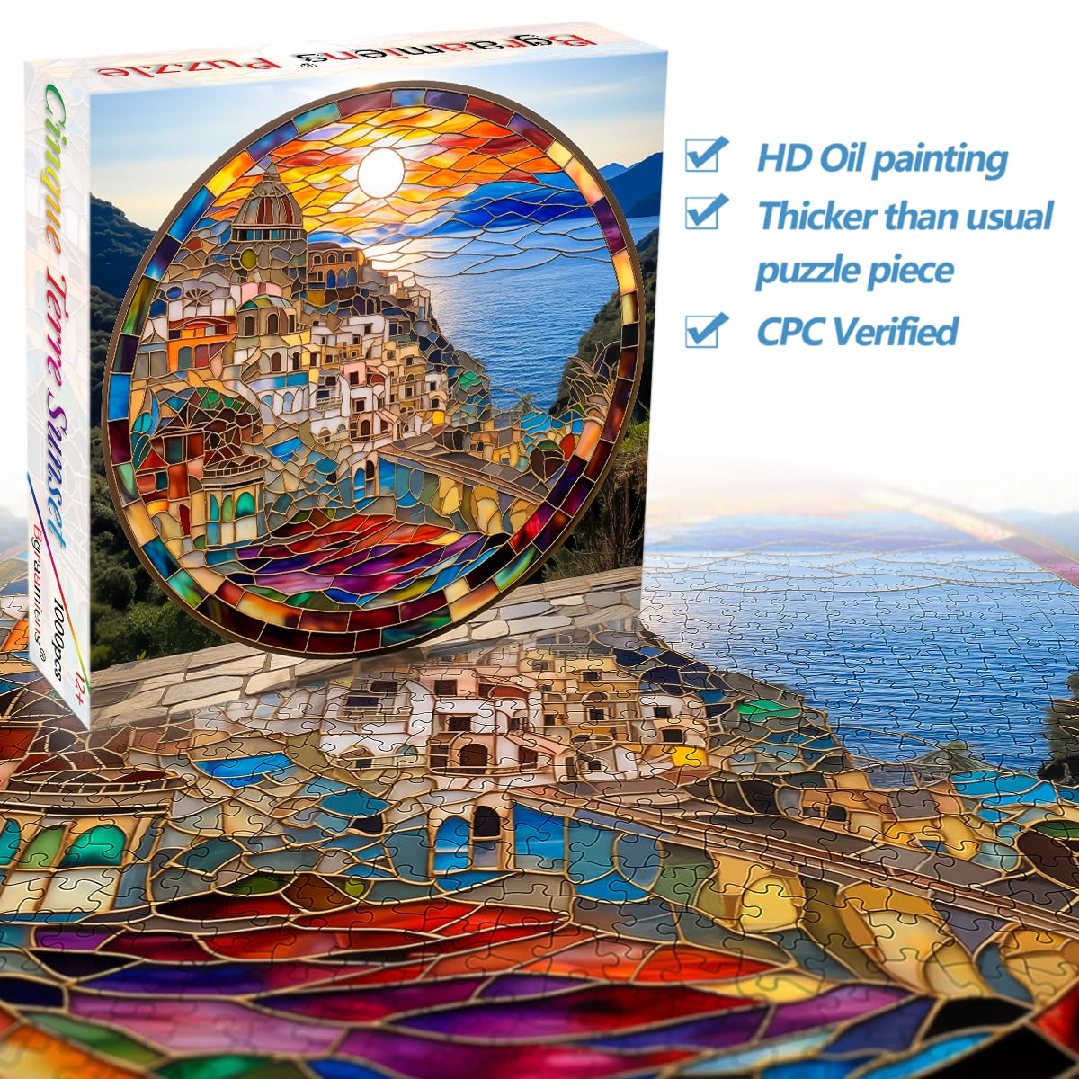 Bgraamiens stained glass style Italian coast puzzle brightens walls.