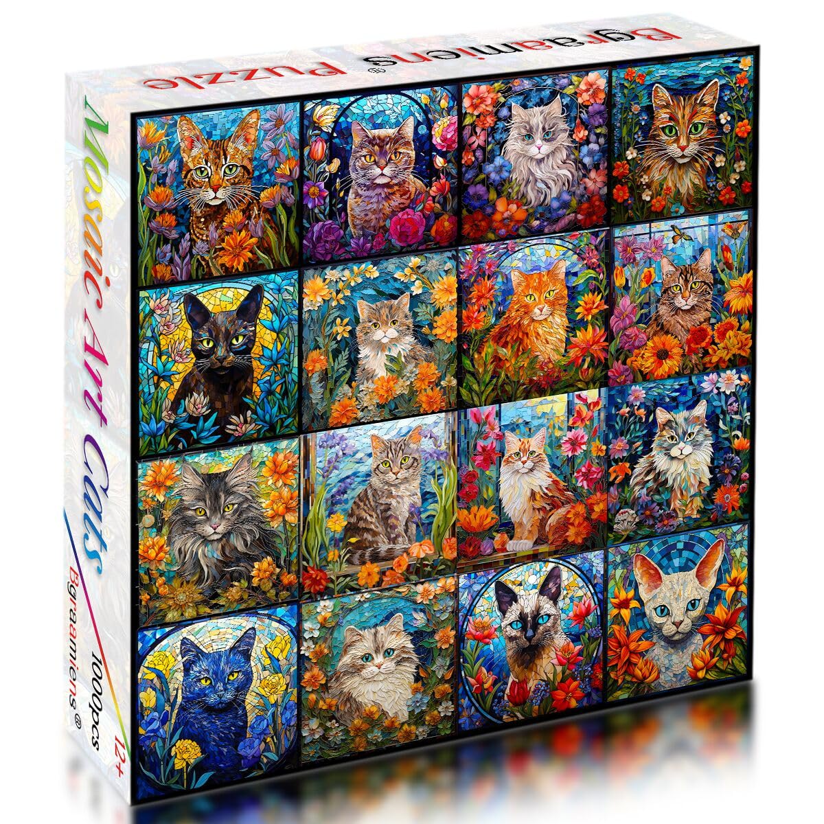 Stained glass cats and flowers puzzle by Bgraamiens showing intricate colors