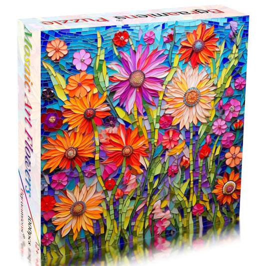 Bgraamiens stained glass flowers puzzle close-up reveal bright color blocks for focused concentration.