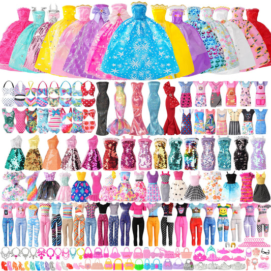 BHYTAKI 120-piece doll clothes box offers diverse outfits for imaginative play and easy dressing.