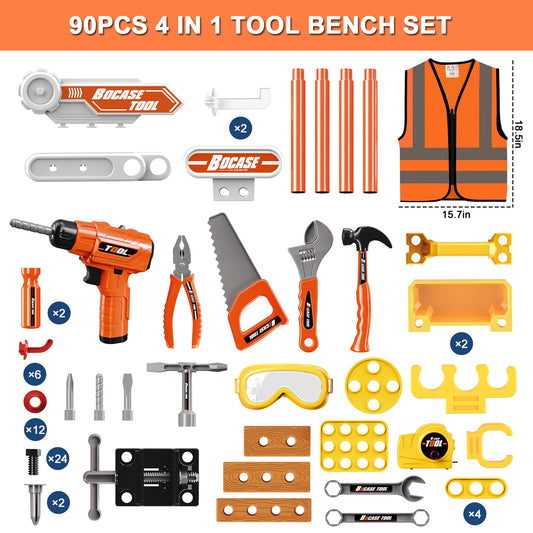 BHYDRY Kids Tool Bench with 90 accessories and drill highlights safe, kid-friendly tools.