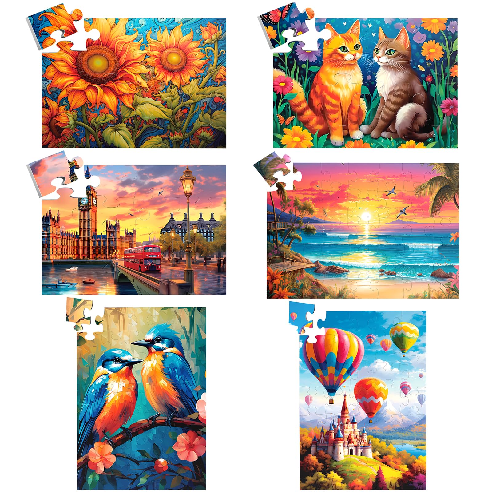 Biarek six-packs large-piece puzzles ready for easy table assembly.