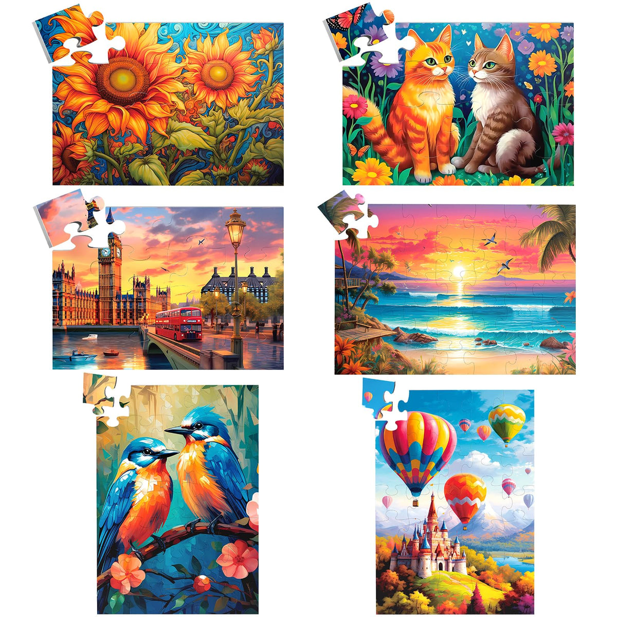 Biarek six-packs large-piece puzzles ready for easy table assembly.