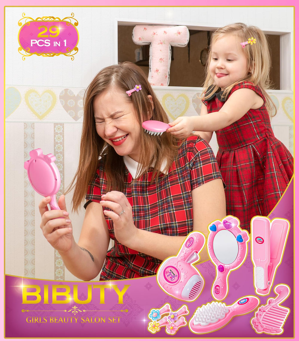 BIBUTY kit includes mirror and hairdryer for at home pretend spa sessions.