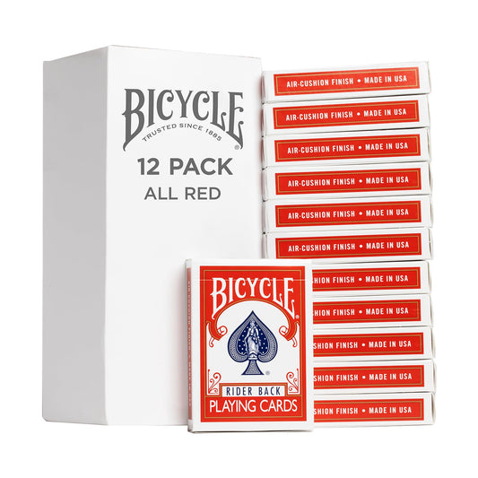 Bicycle All Red Poker Size 12 Pack deck front, premium handling for confident shuffles.