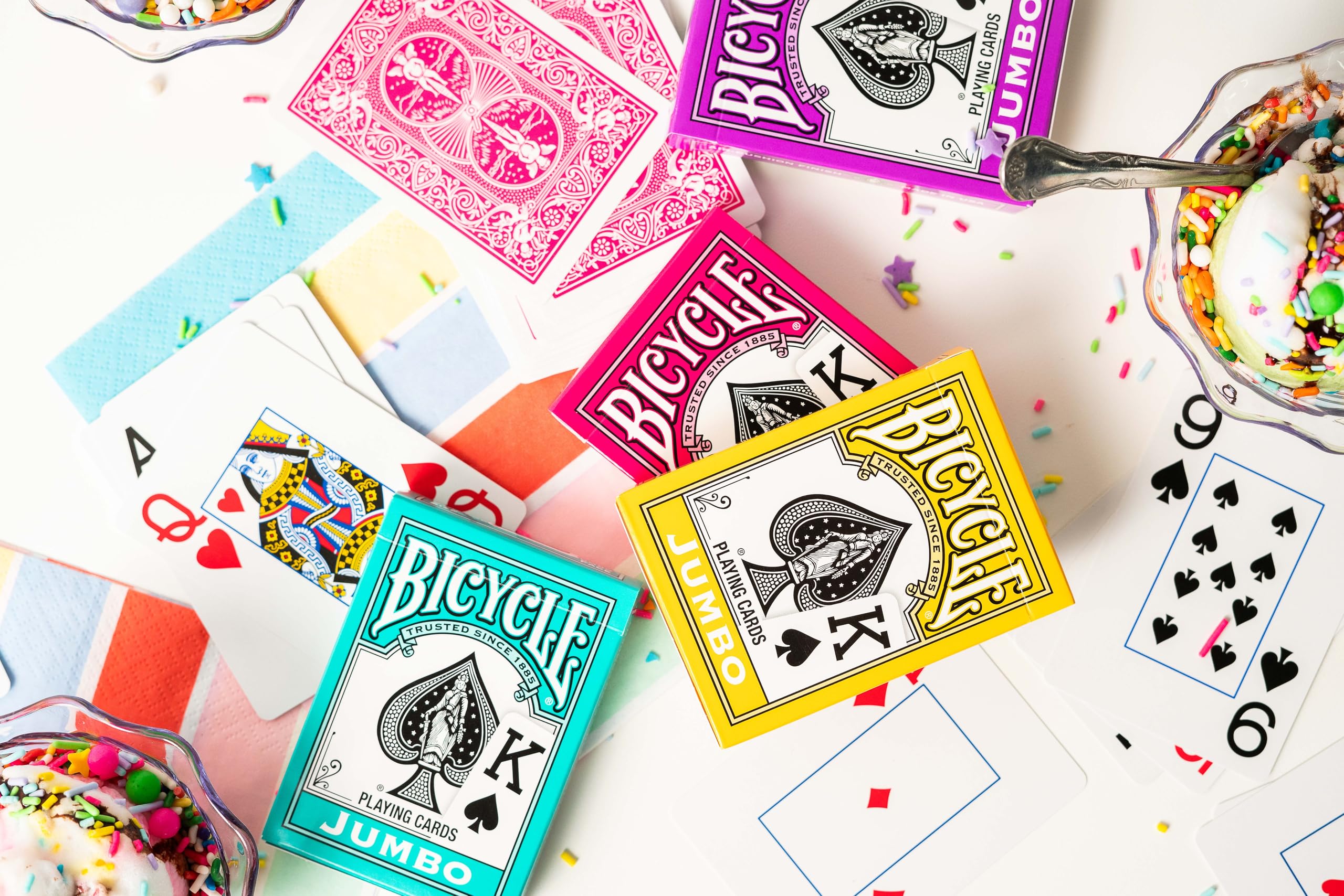Bicycle family game night table featuring the Nertz cards in action