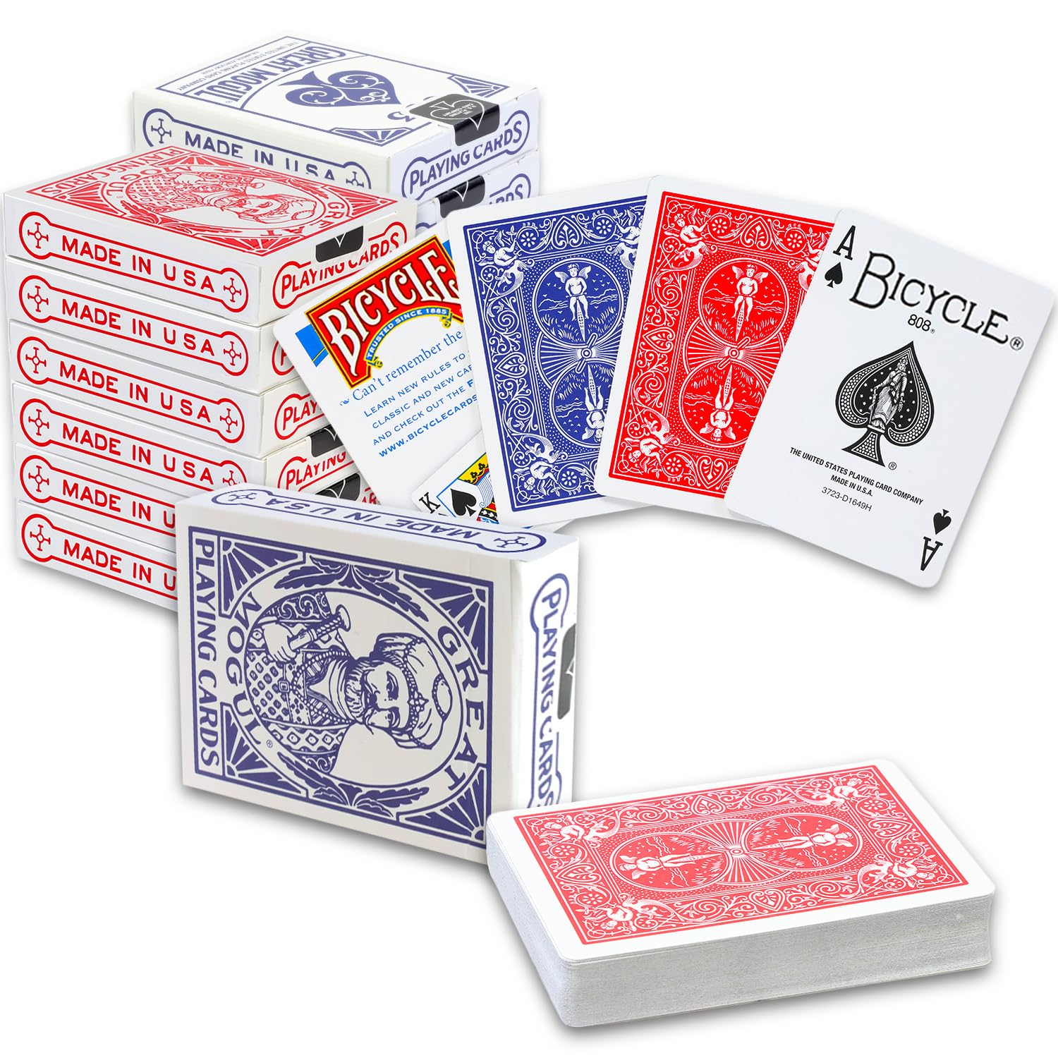 Bicycle Great Mogul Rider Back 12-pack decks in collectible box for game nights.