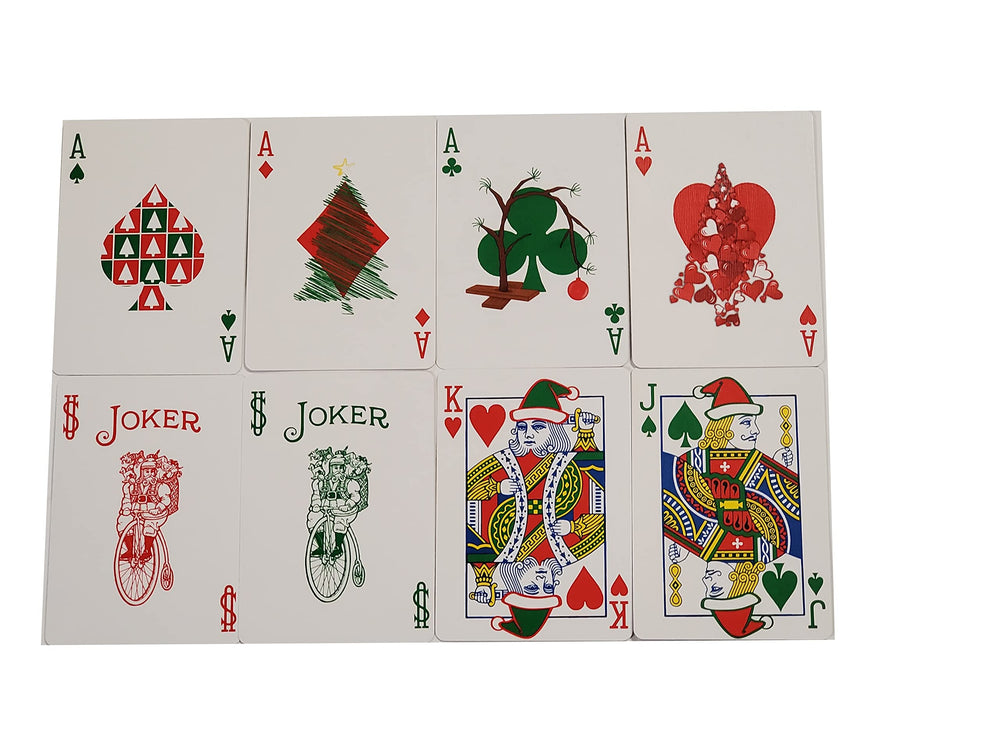 Bicycle Green Back Red Santa front spread highlights vibrant holiday design.