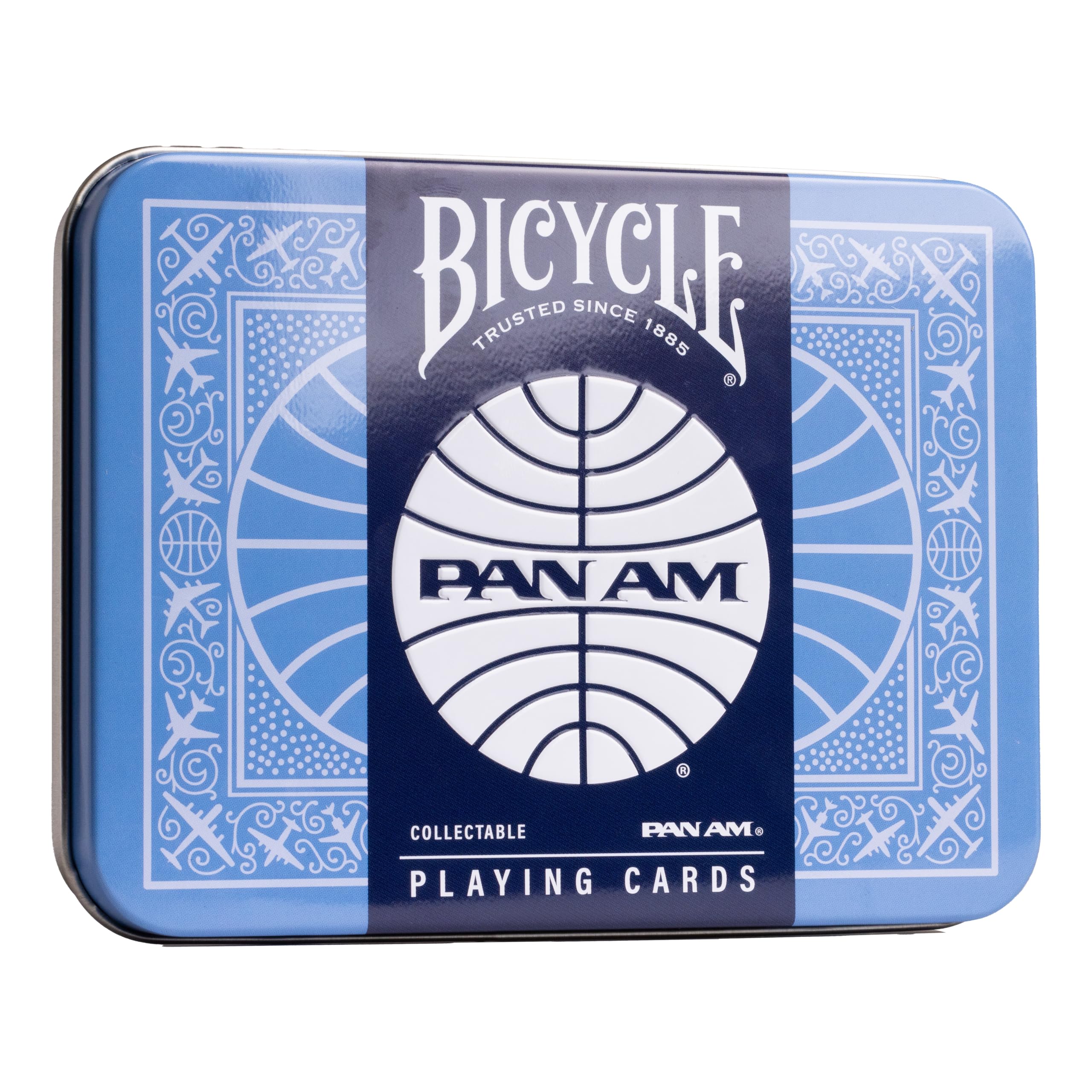 Bicycle Pan Am Air playing cards in a compact travel tin for easy packing.