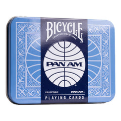 Bicycle Pan Am Air playing cards in a compact travel tin for easy packing.
