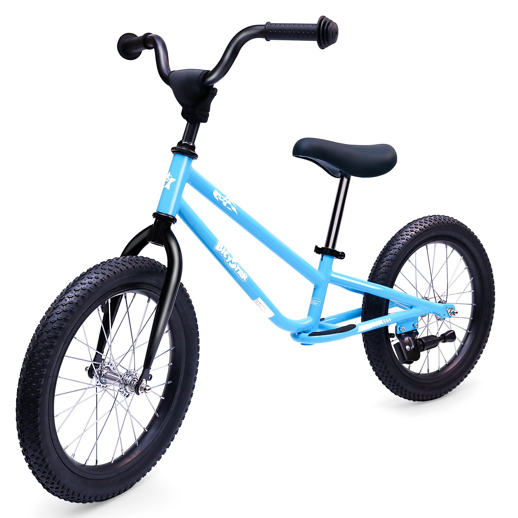 Bicystar 16-inch balance bike with blue frame showing adjustable seat height for growing kids