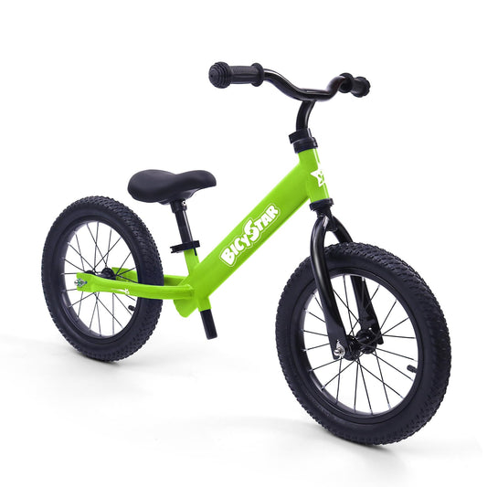Bicystar balance bike front view highlights a 14-inch frame for confident early riding.