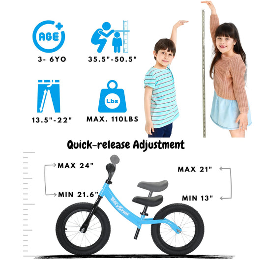 bicystar balance bike shows adjustable seat and handlebar for growing kids.