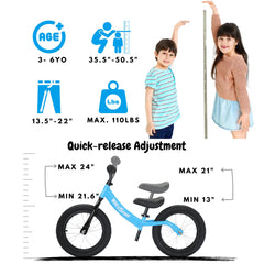 bicystar balance bike shows adjustable seat and handlebar for growing kids.